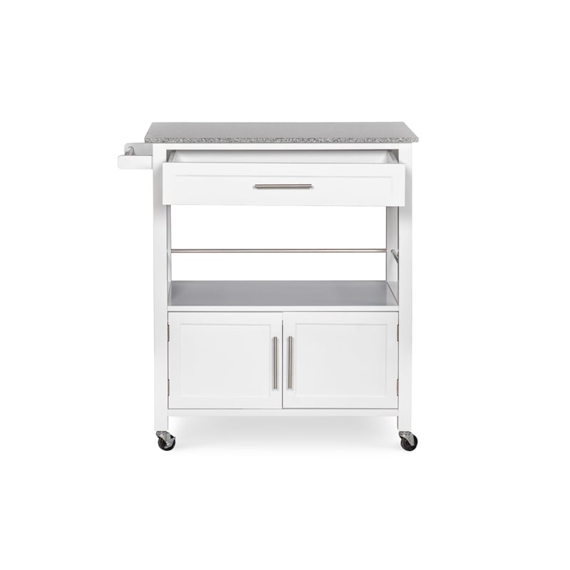 Pemberley Row Wood White Kitchen Cart Rectangular Granite Top 33.5