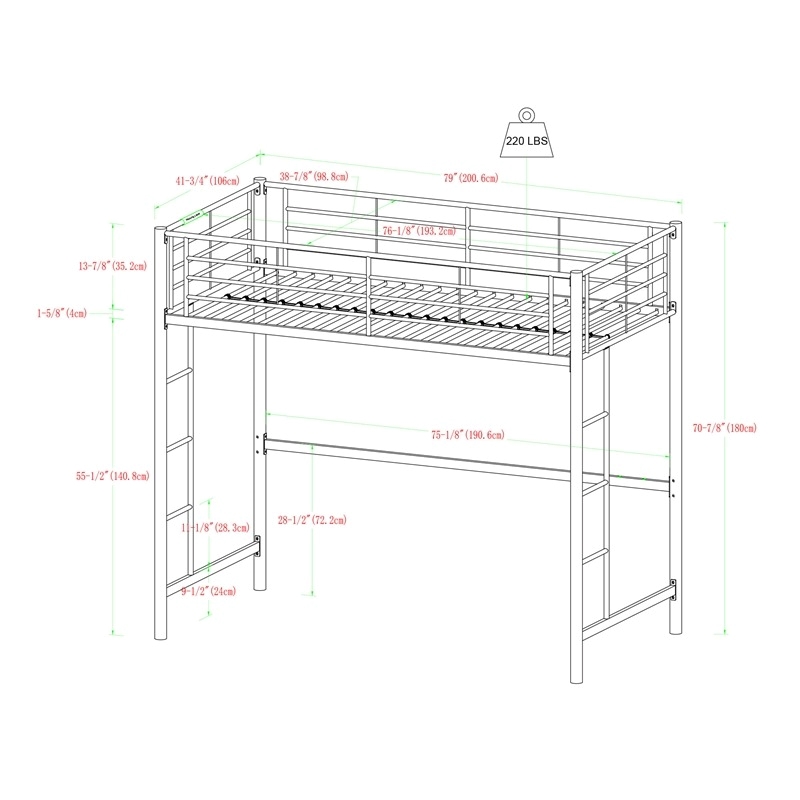 Pemberly Row Modern Steel Metal Twin Size Loft Bunk Bed in Black
