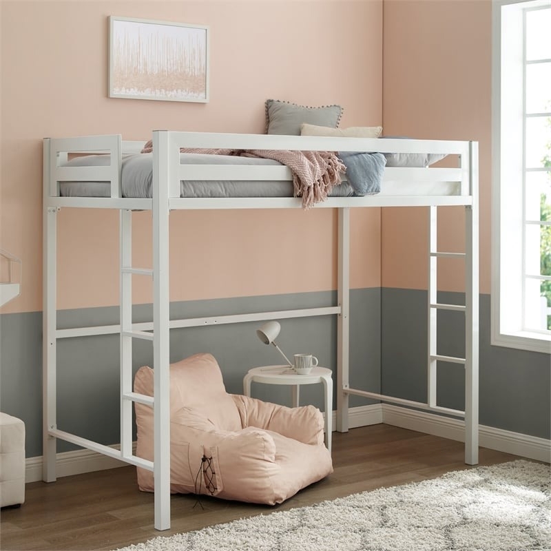 Pemberly Row Transitional Steel Metal Twin Loft Bed in White