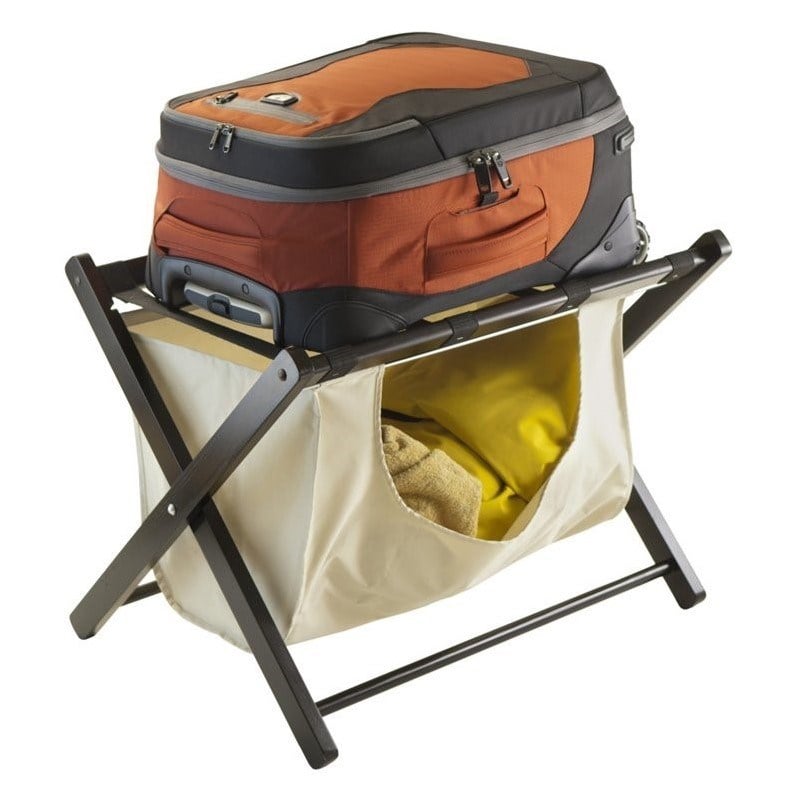 Pemberly Row Transitional Solid Wood/Fabric Luggage Rack with Basket in Espresso