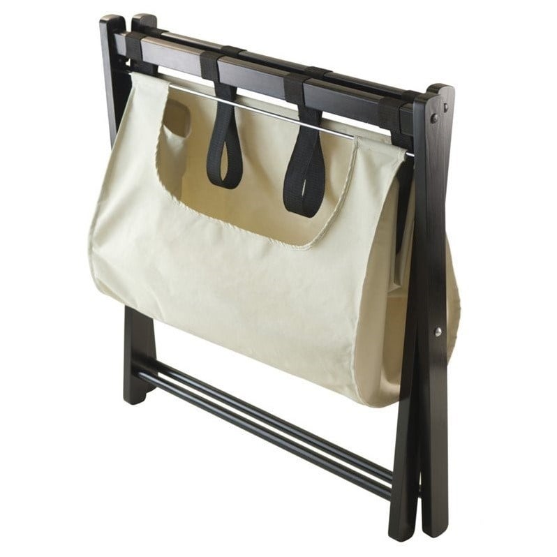 Pemberly Row Transitional Solid Wood/Fabric Luggage Rack with Basket in Espresso