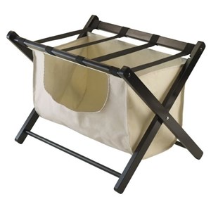Pemberly Row Transitional Solid Wood/Fabric Luggage Rack with Basket in Espresso