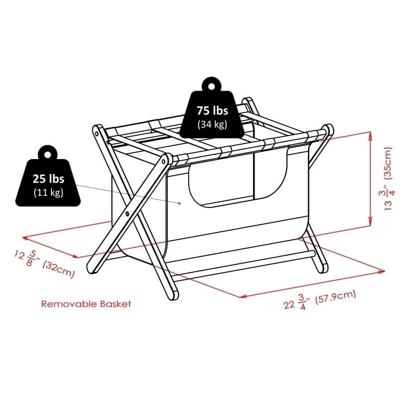 Pemberly Row Transitional Solid Wood/Fabric Luggage Rack with Basket in Espresso