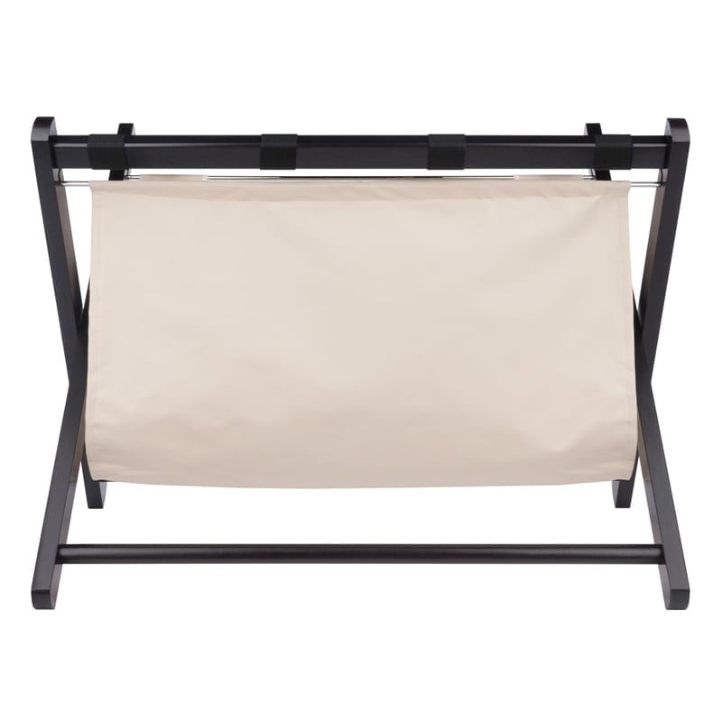 Pemberly Row Transitional Solid Wood/Fabric Luggage Rack with Basket in Espresso
