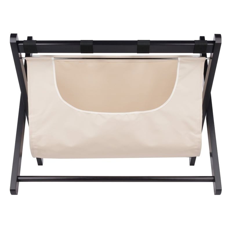 Pemberly Row Transitional Solid Wood/Fabric Luggage Rack with Basket in Espresso