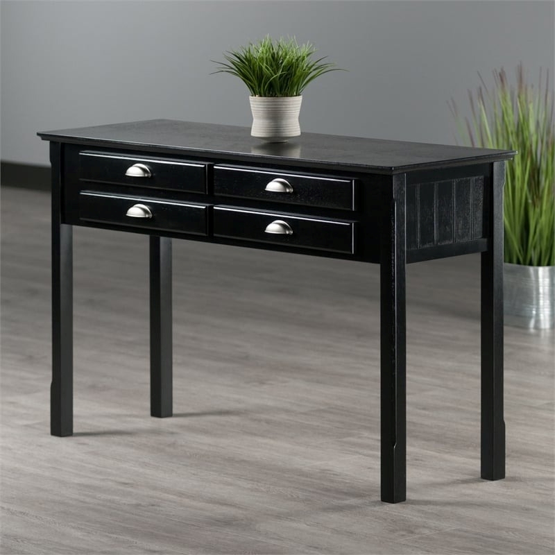 Pemberly Row 4-Drawer Transitional Solid Wood Console Table in Black
