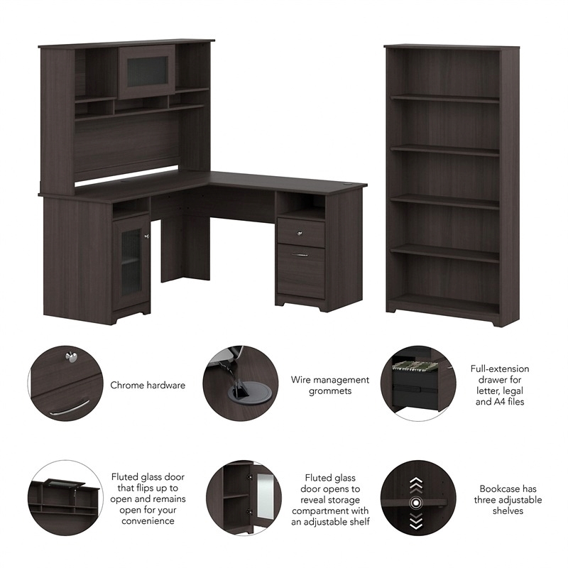 Pemberly Row Traditional Wood L-Shaped Desk w/Hutch & Bookcase in Heather Gray
