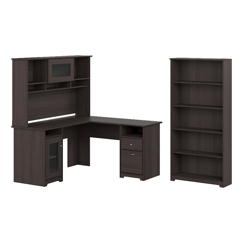 Pemberly Row Traditional Wood L-Shaped Desk w/Hutch & Bookcase in Heather Gray