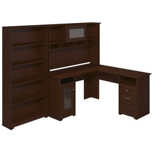 Pemberly Row 60&quot L-Shape Desk with Hutch and 5 Shelf Bookcase in Cherry