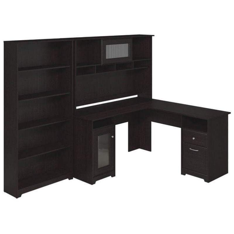Pemberley Row Laminate Espresso Oak L-Shape Desk with Hutch and Bookcase 66.65