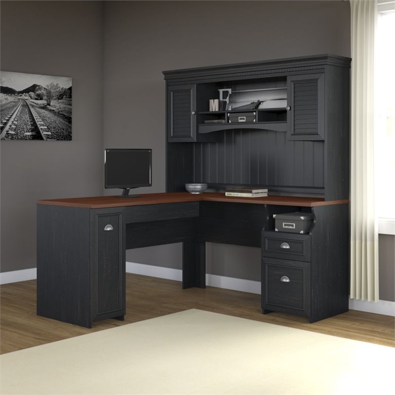 Pemberley Row Laminate Antique Black L-Shaped Office Desk with Hutch Rectangular 59.53