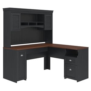 Pemberley Row Laminate Antique Black L-Shaped Office Desk with Hutch Rectangular 59.53&quot