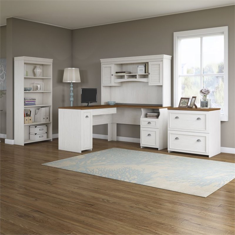 Pemberley Row Laminate Antique White Office Set L Shaped Desk Hutch File Cabinet Bookcase 30.72