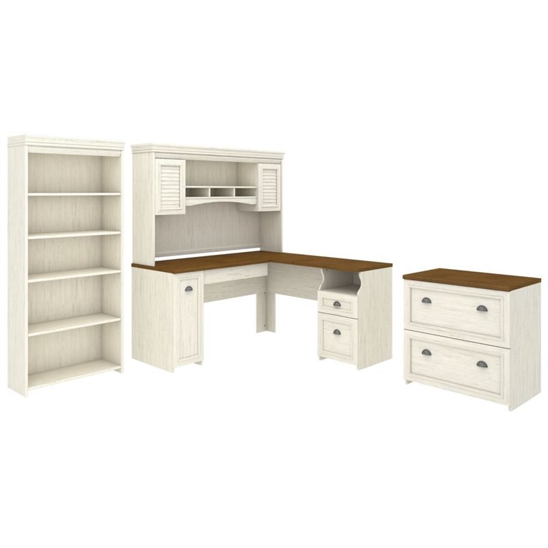 Pemberley Row Laminate Antique White Office Set L Shaped Desk Hutch File Cabinet Bookcase 30.72