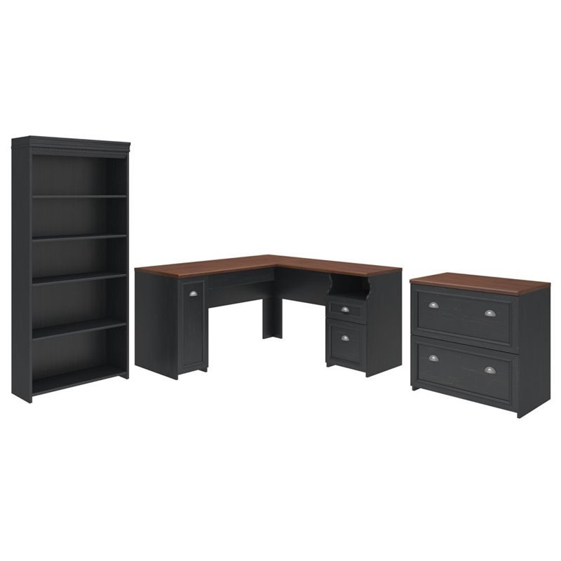 Pemberley Row Laminate Antique Black Office Set L Shaped Desk with Bookcase and File Cabinet