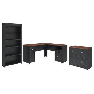 Pemberley Row Laminate Antique Black Office Set L Shaped Desk with Bookcase and File Cabinet