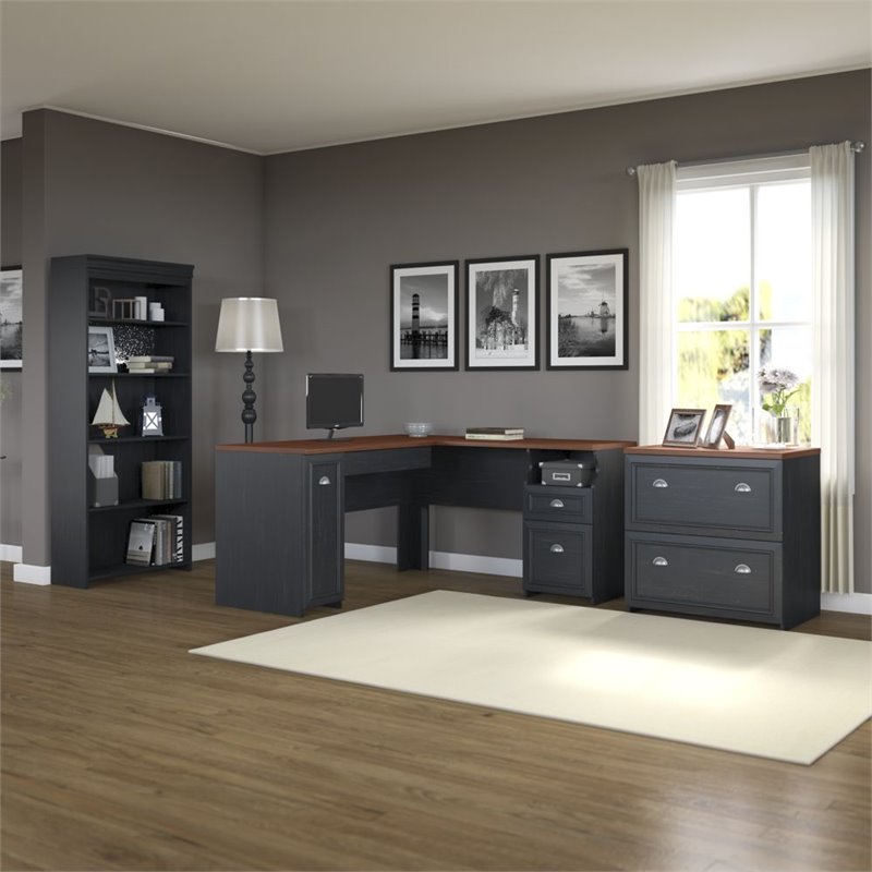 Pemberley Row Laminate Antique Black Office Set L Shaped Desk with Bookcase and File Cabinet