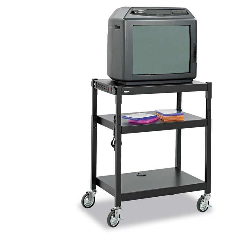 Pemberly Row Black Steel Adjustable Height Mobile Media Cart in Black