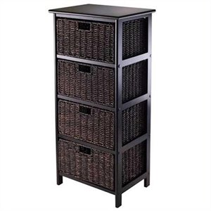 Pemberly Row Solid Wood Storage Rack w/ 4 Foldable Baskets in Black/Chocolate