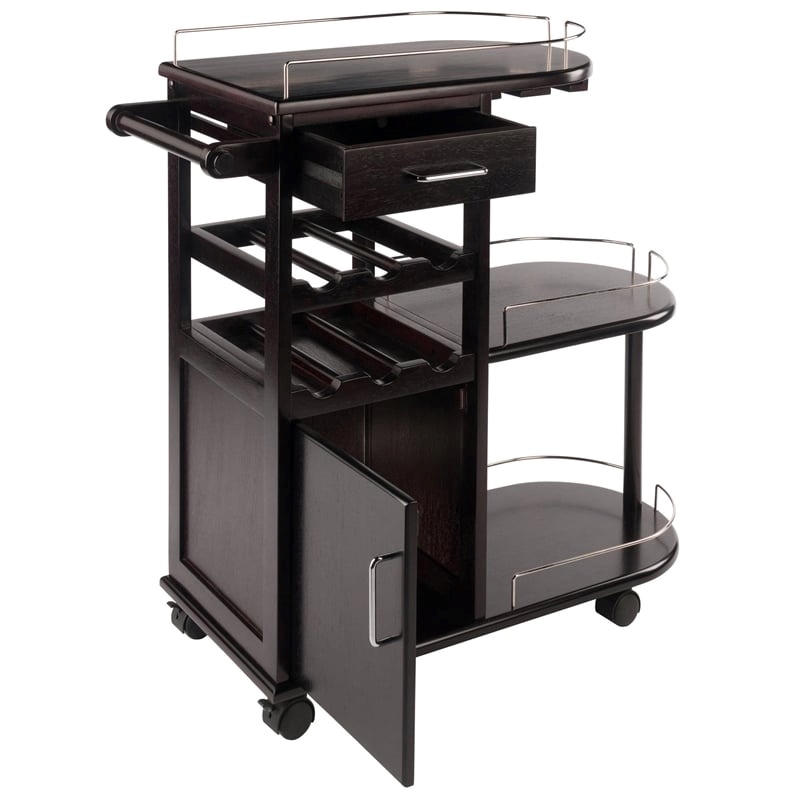 Pemberly Row Transitional Solid Wood Entertainment Bar Cart in Espresso