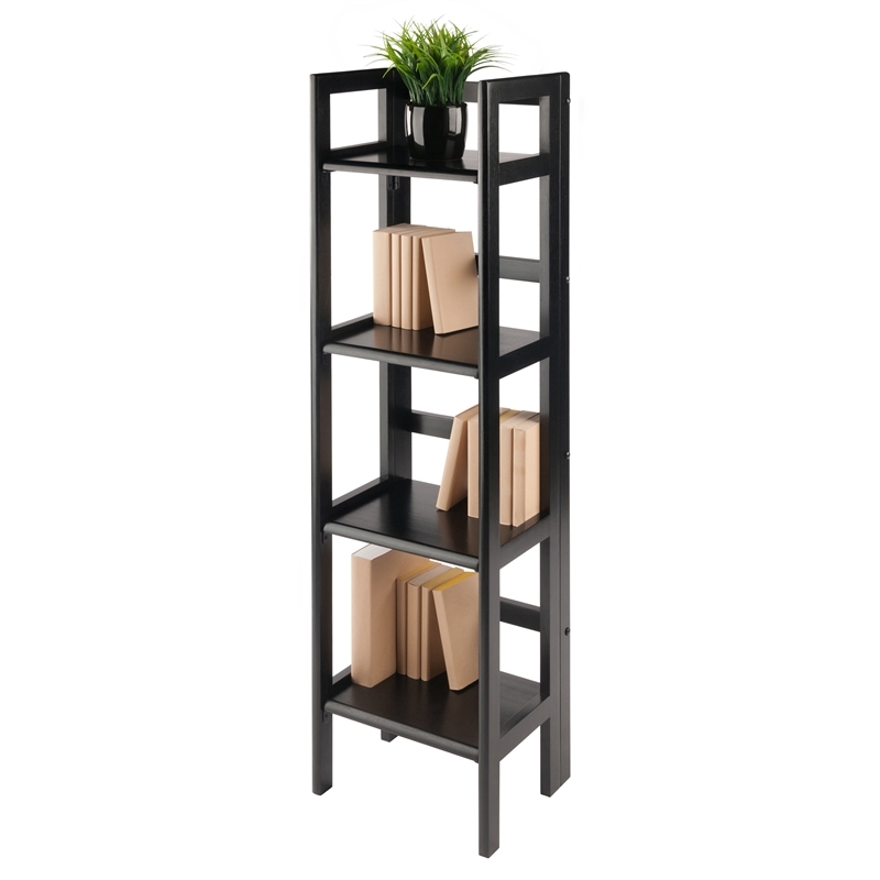 Pemberly Row 4-Tier Modern Solid Wood Folding Bookshelf in Black/Walnut