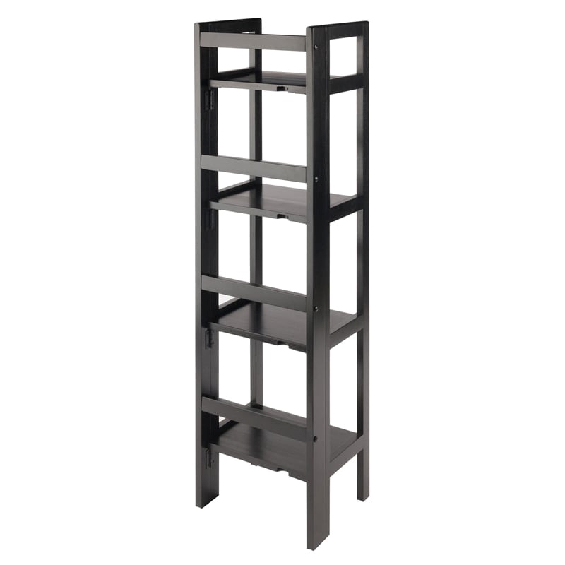 Pemberly Row 4-Tier Modern Solid Wood Folding Bookshelf in Black/Walnut