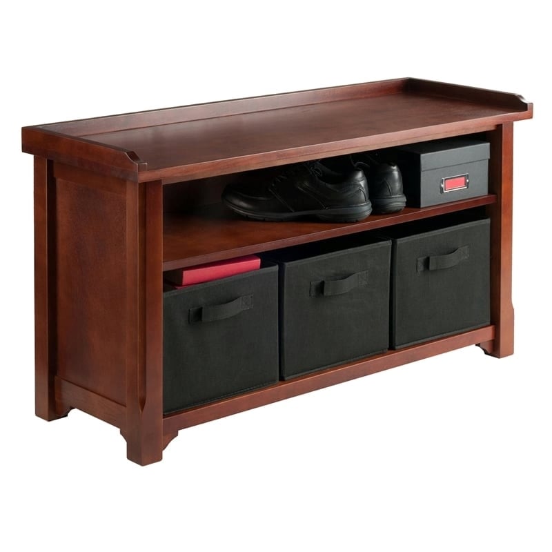 Pemberly Row Solid Wood Storage Bench with 3 Foldable Baskets in Walnut/Black
