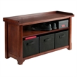 Pemberly Row Solid Wood Storage Bench with 3 Foldable Baskets in Walnut/Black