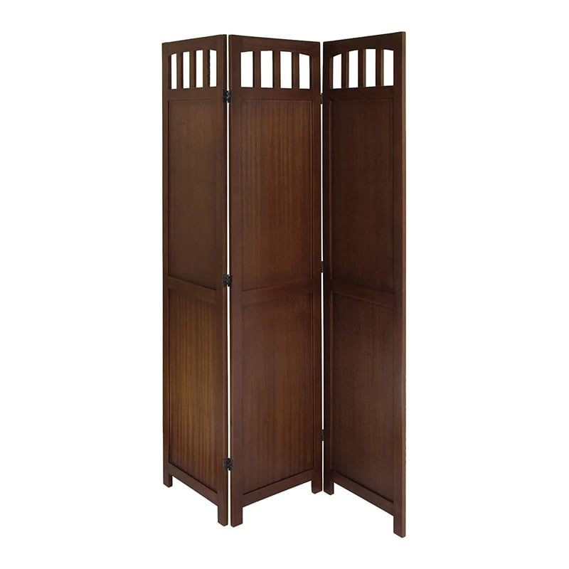 Pemberly Row Transitional Solid Wood Folding Screen in Antique Walnut