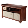 Pemberly Row Solid Wood Storage Bench with 3 Foldable Baskets in Walnut/Beige
