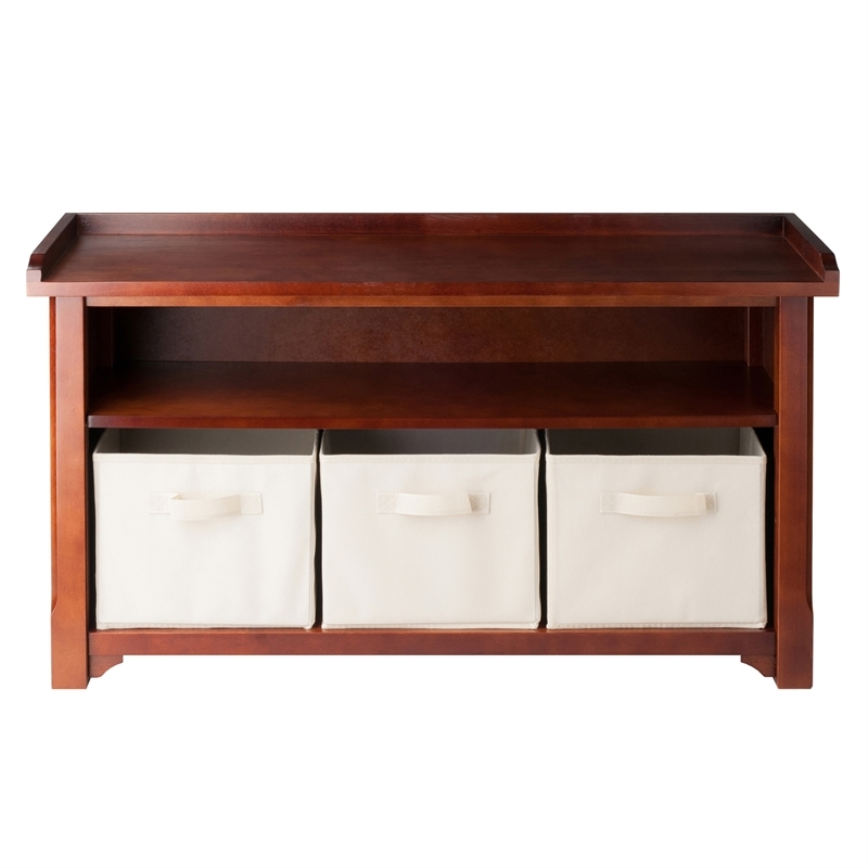 Pemberly Row Solid Wood Storage Bench with 3 Foldable Baskets in Walnut/Beige