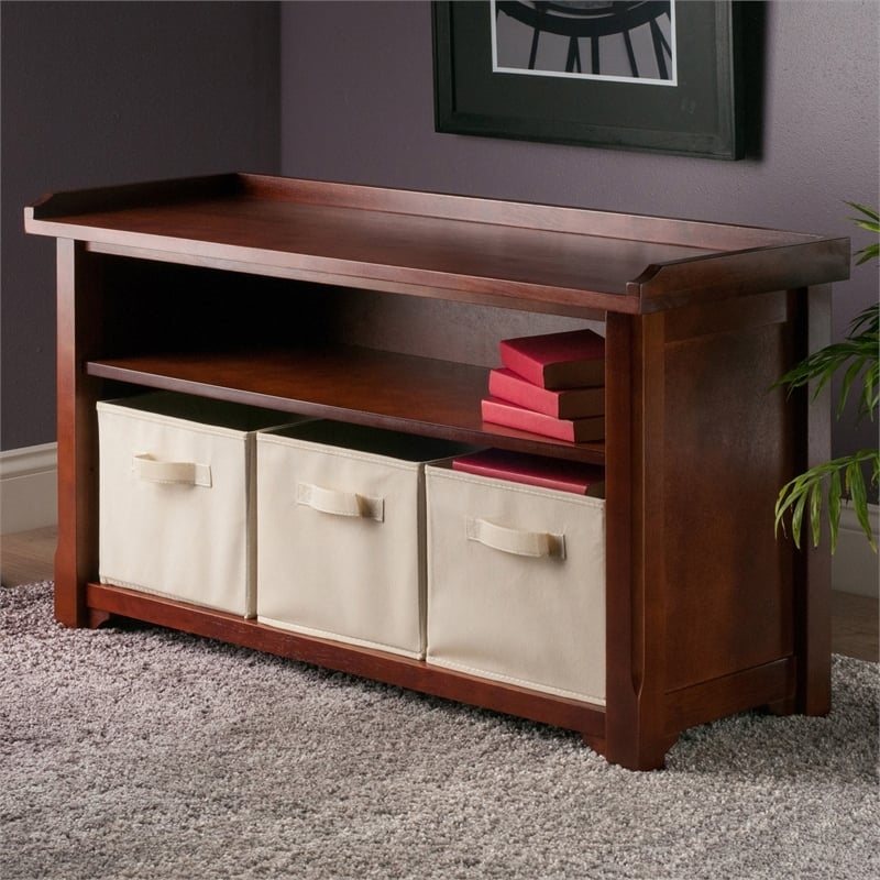 Pemberly Row Solid Wood Storage Bench with 3 Foldable Baskets in Walnut/Beige