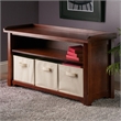 Pemberly Row Solid Wood Storage Bench with 3 Foldable Baskets in Walnut/Beige