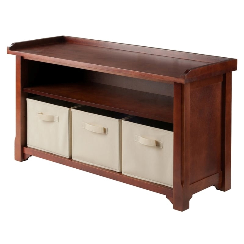 Pemberly Row Solid Wood Storage Bench with 3 Foldable Baskets in Walnut/Beige