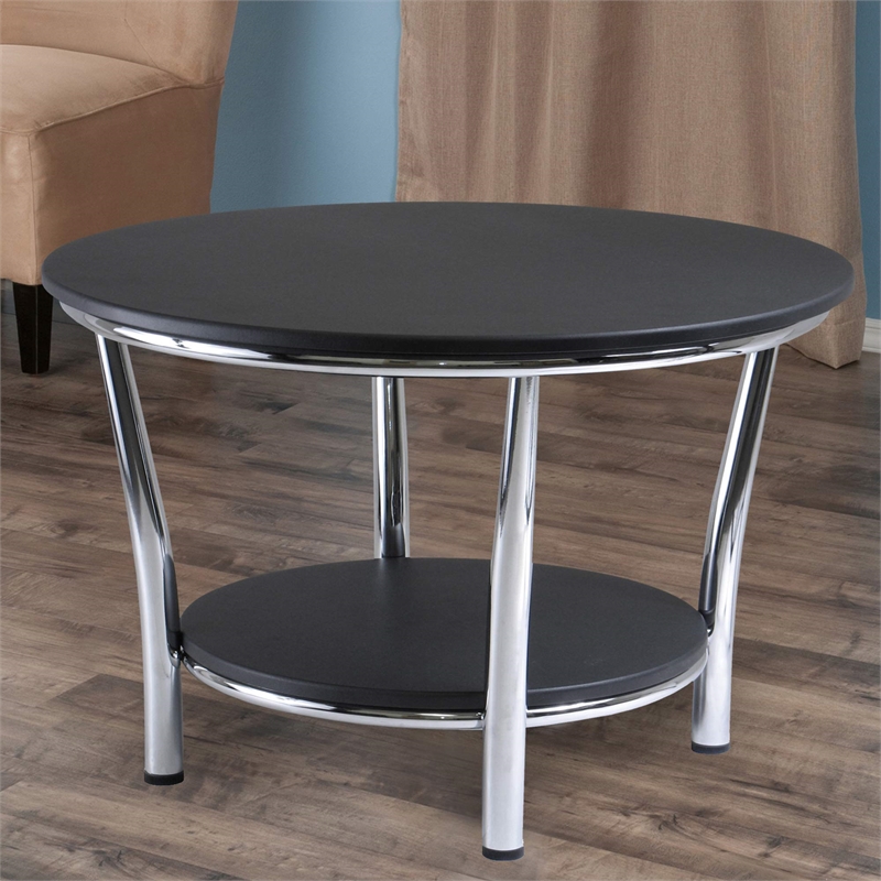 Pemberly Row Round Transitional Wood Coffee Table Top with Legs in Black