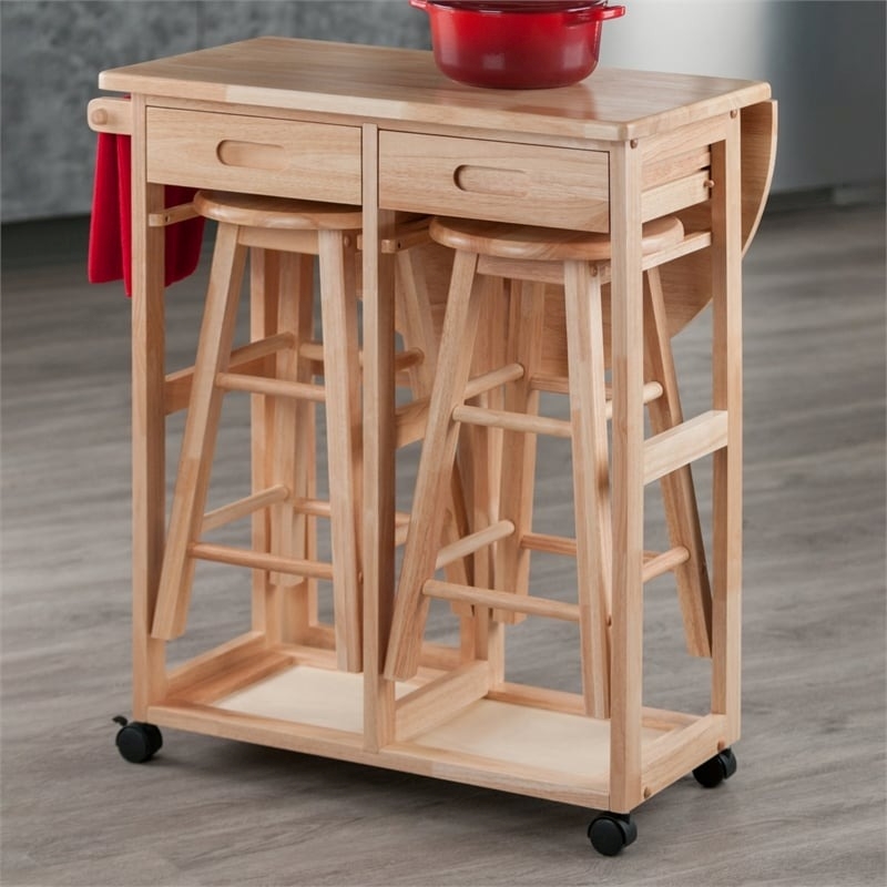 Pemberly Row 3-Piece Solid Wood Mobile Breakfast Dinette Set in Natural