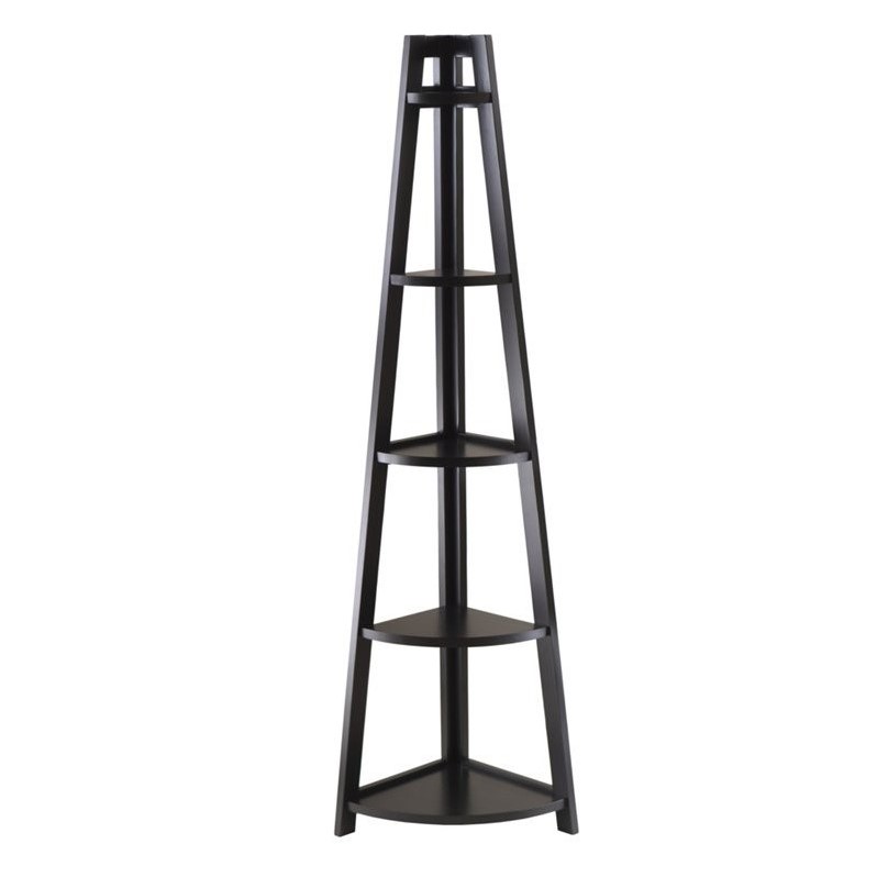Pemberly Row 5-Tier A-Frame Modern Solid Wood Corner Book Shelf in Black