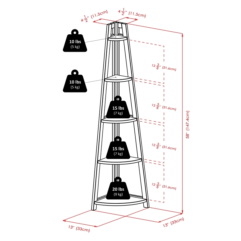 Pemberly Row 5-Tier A-Frame Modern Solid Wood Corner Book Shelf in Black
