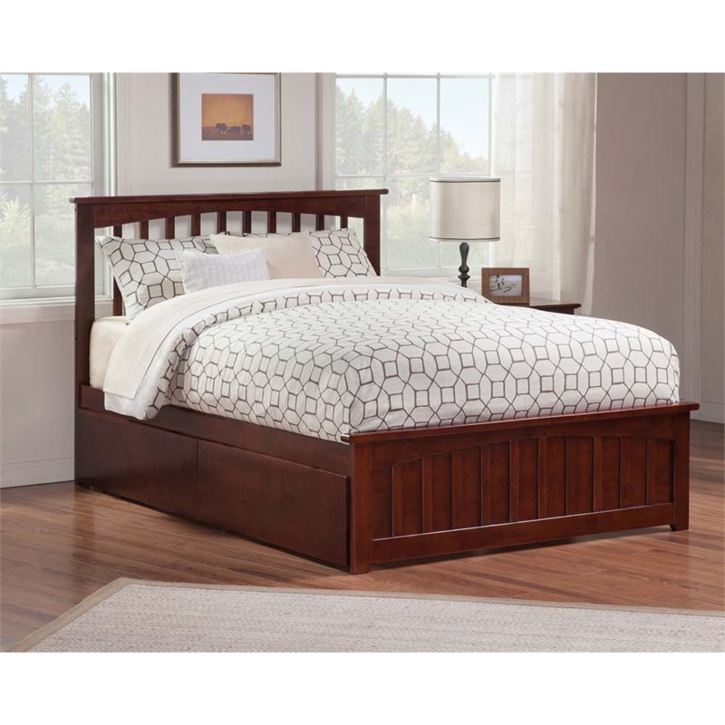 Pemberly Row Queen Platform Bed with Footboard & Storage Drawers in Walnut