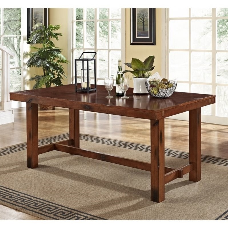 Pemberly Row Drop Leaf Trestle Wood Dining Table in Dark Oak