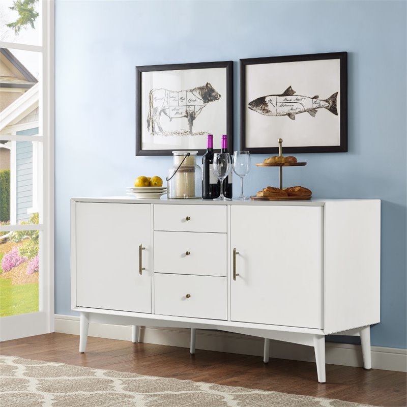 Pemberley Row Hardwood White Buffet Rectangular Adjustable Shelves 57