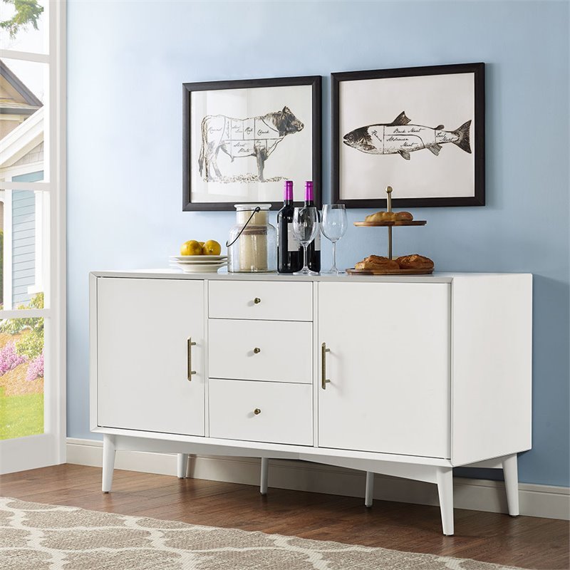 Pemberley Row Hardwood White Buffet Rectangular Adjustable Shelves 57