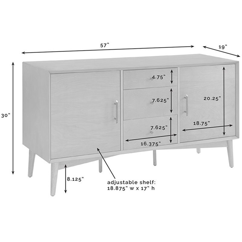 Pemberley Row Hardwood White Buffet Rectangular Adjustable Shelves 57