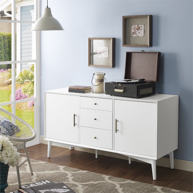 Pemberley Row Hardwood White Buffet Rectangular Adjustable Shelves 57