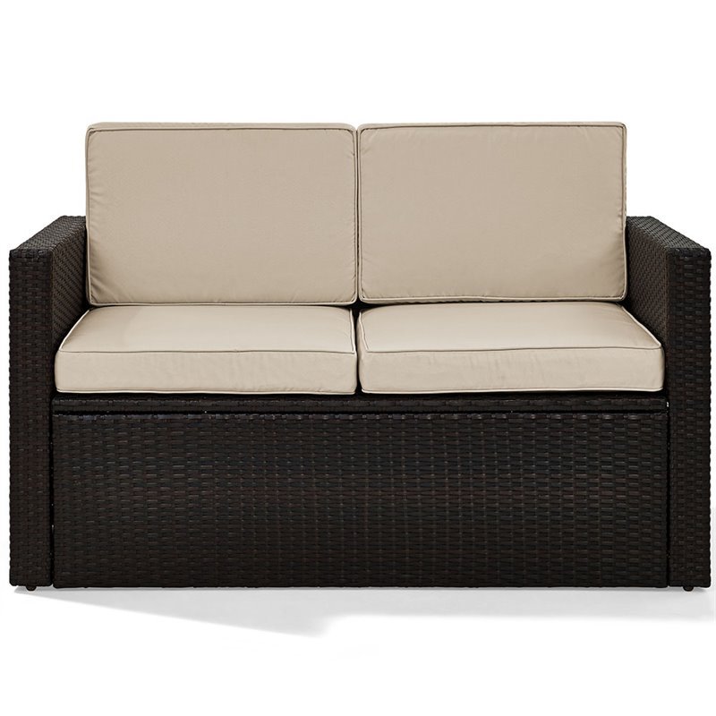 Pemberly Row Wicker Patio Loveseat In Brown with Sand Cushions