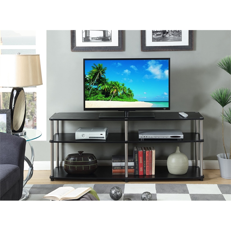 Pemberley Row Wood Black TV Stand Rectangular Open Concept Shelves Holds TVs Up to 60