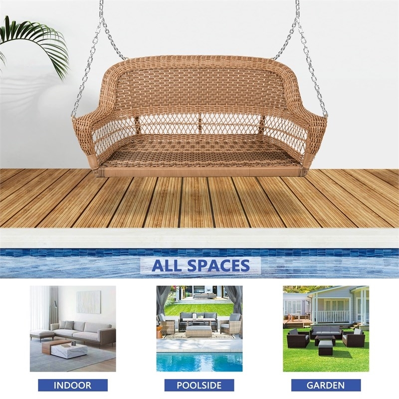 Pemberly Row Resin Wicker Porch Swing in Honey