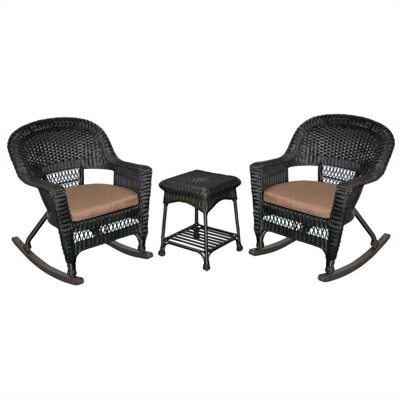 Pemberly Row 3pc Wicker Rocker Chair Set in Black with Brown Cushion
