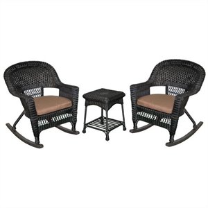 Pemberly Row 3pc Wicker Rocker Chair Set in Black with Brown Cushion