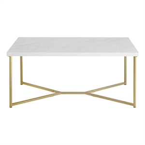 Pemberley Row Faux Marble White Coffee Table Rectangular Durable Stylish Y-Leg Base